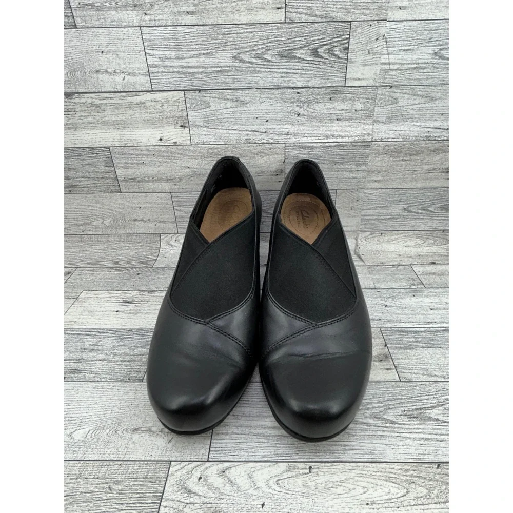 Clarks Artisan Women Black Leather Crossover Elastic‎ Block Heel Pumps Size 8.5M